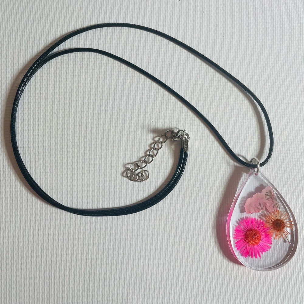 Hand Crafted Resin Floral Teardrop Pendant Necklace